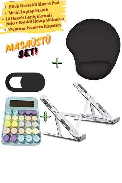 Bilek Destekli Mousepad Kamera Kapatıcı 12 Haneli Hesap Makinesi Metal Laptop Standı ürün görseli 1