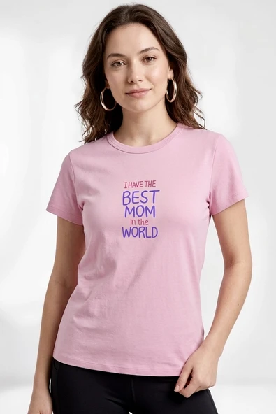 Kadın Açık Pembe "Best Mom" Slogan Baskılı Bisiklet Yaka Regular Fit Tişört ürün görseli 1
