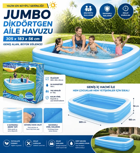 Jumbo Aile Havuzu 305x183x56 cm Şişme Dikdörtgen Bahçe Havuzu Geniş ve Dayanıklı Tasarım ürün görseli 1