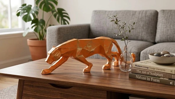 Modern Dekoratif Turuncu Gold Detaylı Leopar Kübik Biblo Heykel  – Dekoratif Masa, Şık Salon & Yatak Odası Ofis Dekoru ürün görseli 1