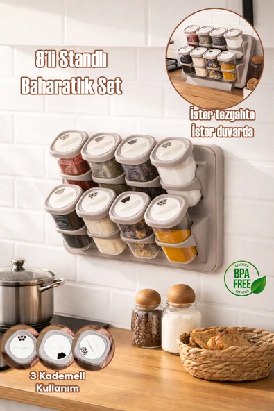 Porsima 5340 8li Etiketli Asmalı Kendinden Yapışkanlı Tezgah Üstü Standlı Döner Kapaklı Baharatlık Seti ürün görseli 1