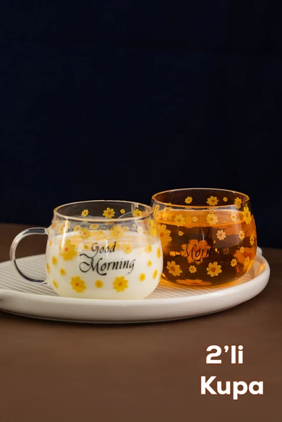 Porsima 2089 2li Borosilikat Isıya Ateşe Dayanıklı Cam Kulplu Çay Bardağı Kahve Bardak Kupa Sarı 400 ml ürün görseli 1