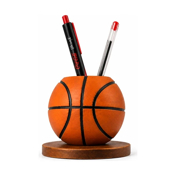 Basketbol Topu Tasarım Kalemlik 10 CM Standlı – Dekoratif Masaüstü Organizer |  Kalem Tutucu ürün görseli 1