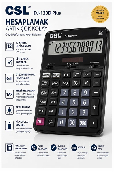 Hesap Makinesi Siyah 14x19 cm 1 Adet Csl Dj-120D Plus 12 Haneli Orta Boy Hafızalı Büro Masaüstü Hesap Makinası ürün görseli 1