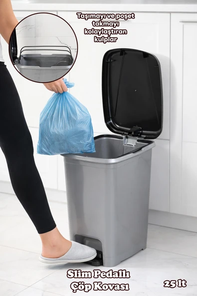 Porsima 0131 Pedallı Metalize Banyo Mutfak Çöp Kovası Siyah Kapaklı Slim Pedallı Çöp Kovası 25 Litre ürün görseli 1