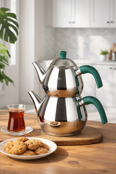 Porsima 1029-2 Damla Bakalit Kulp Orta Boy Paslanmaz Çelik Çaydanlık Takımı - Yeşil - 1.25-2.00Lt ürün görseli 1