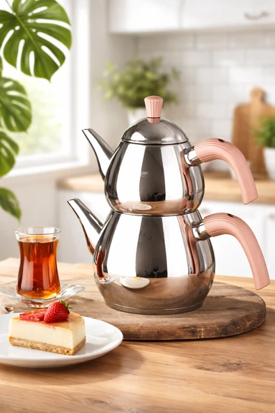 Porsima 1028-1 Damla Bakalit Kulp Orta Boy Paslanmaz Çelik Çaydanlık Takımı - Rose - 0.75-1.50Lt ürün görseli 1