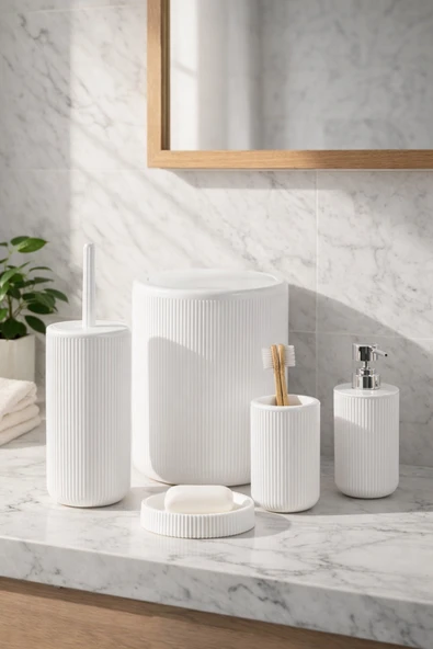 Porsima 5 Parça Yuvarlak Banyo Seti - Çöp Kovası, Sabunluk, Diş Fırçalığı ve Silikon Wc Fırçası Beyaz ürün görseli 1