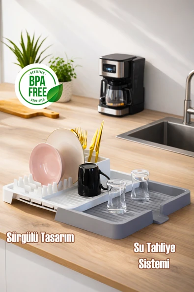 Porsima 5328 Sürgülü Açılır Kapanır Tabaklık Bulaşık Tepsisi Kurutmalık Su Akıtma Kanallı Bulaşıklık Sepeti ürün görseli 1