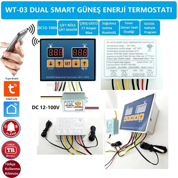 Yate10 WT-03 Dual Smart Wifi DC12-100V 17A Güneş Panel Termostat/ Timer ürün görseli 1