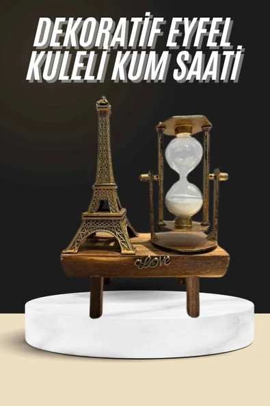 Retro Eyfel Kulesi Ve Kum Saati Dekoratif Ahşap Görünümlü Masa Biblosu ürün görseli 1