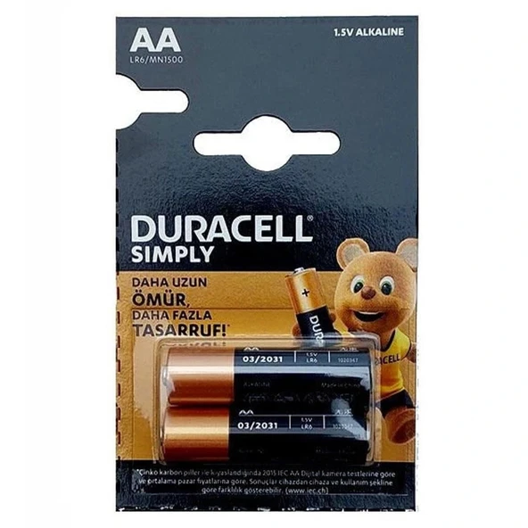Duracell Simply 1.5V Alkaline AA Kalem Pil  2'li Paket ürün görseli 1