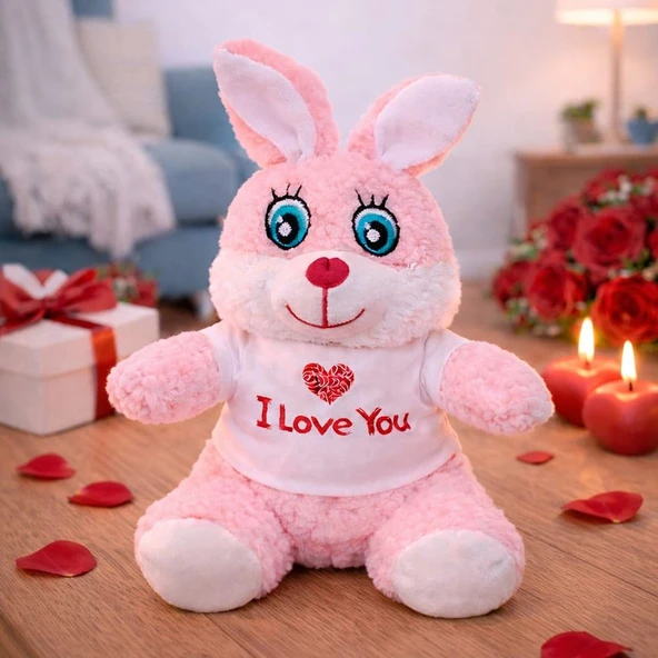I Love You Tişörtlü Sevimli Pembe Peluş Tavşan ürün görseli 1