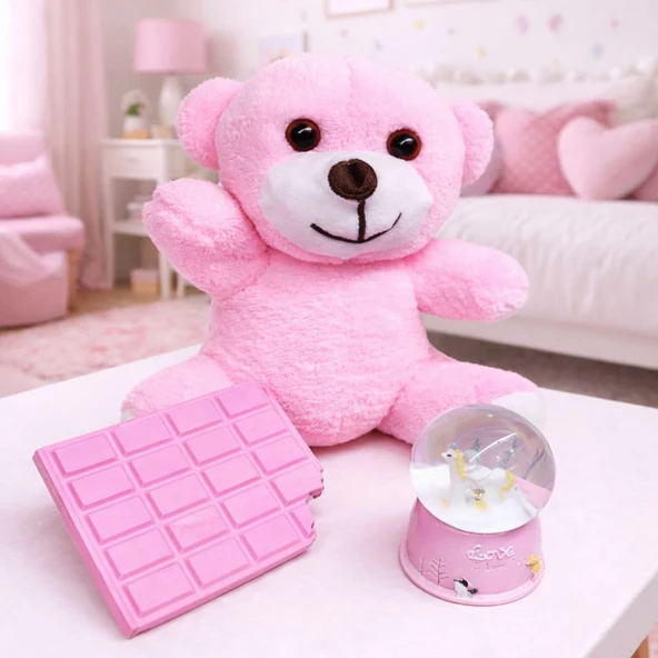 Pembe Peluş Ayıcık, Kar Küresi Ve Pembe Çikolata Not Defteri Hediye Seti ürün görseli 1