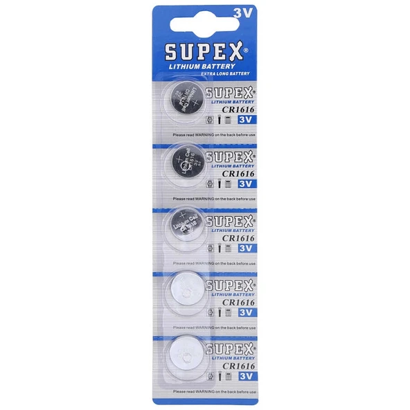 Supex CR1616 3V Lityum Düğme Pil - 5'li Kart ürün görseli 1