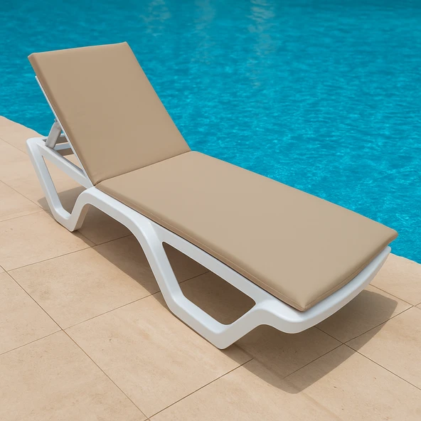 Delux Şezlong Minderi Sunbed Kumaş 180x55x5 Cm Yıkanır Silinir Fermuarlı Arkası Kuşaklı  Krem ürün görseli 1