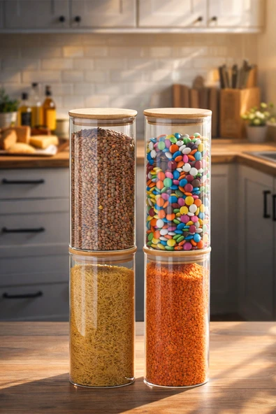 Porsima 417 4lü 1300 ml Bambu Vakumlu Kapaklı Cam Kavanoz Seti Saklama Kabı 10x20cm ürün görseli 1