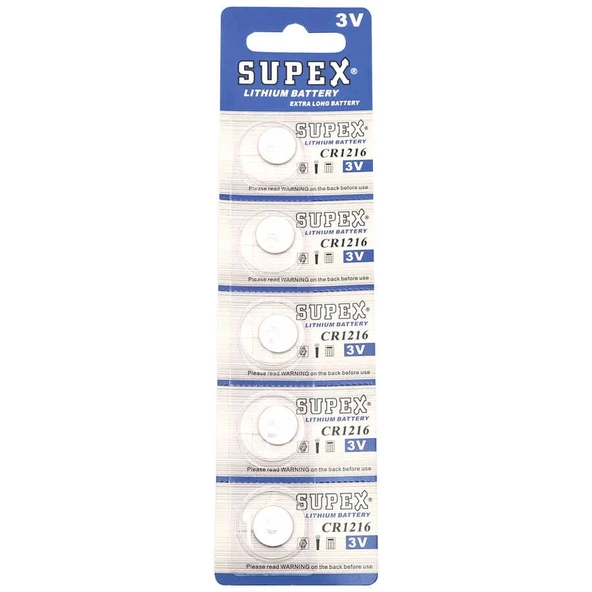 Supex CR1216 3V Lityum Düğme Pil - 5'li Kart ürün görseli 1
