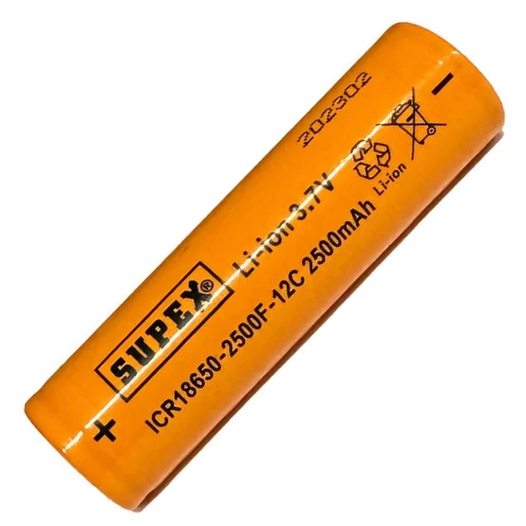 Supex ICR18650 3.7V 2500mAh Li-ion Şarjlı Pil 12C Deşarj Akımı (Başsız) ürün görseli 1