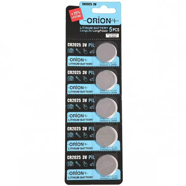 Orion CR2025 3V Lityum Düğme Pil 5'li Kart Paket ürün görseli 1