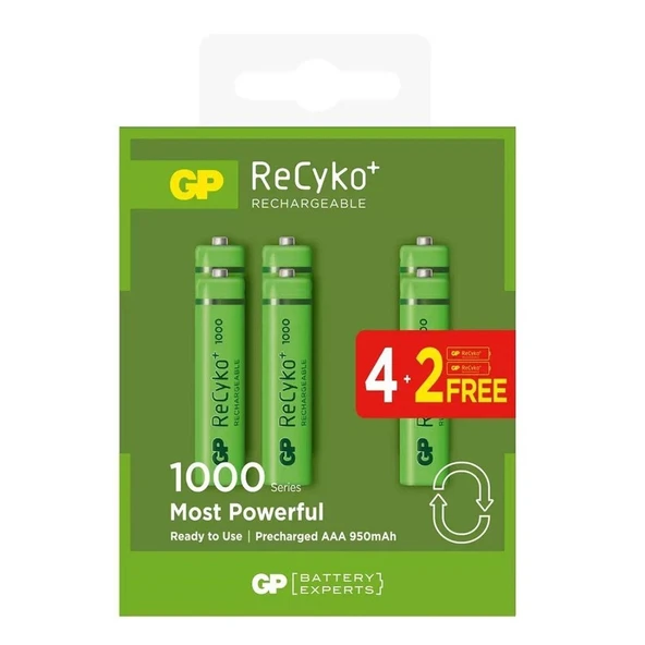 GP ReCyko 1000 mAh AAA Şarj Edilebilir İnce Kalem Pil 4+2 Paket ürün görseli 1