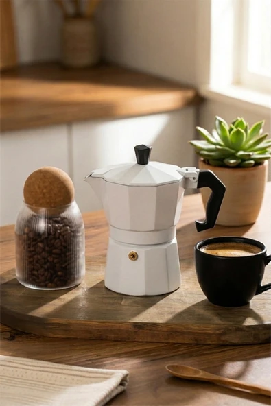 Porsima MNB05742-1 Ocaküstü Moka Pot 3 Fincanlık Alüminyum Kahve Espresso Cezvesi Beyaz 150ml ürün görseli 1