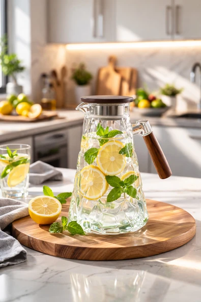 Porsima 6504 Violet Sızdırmaz Kapaklı ve Kulplu Cam Başucu Sürahisi 1800 ml ürün görseli 1