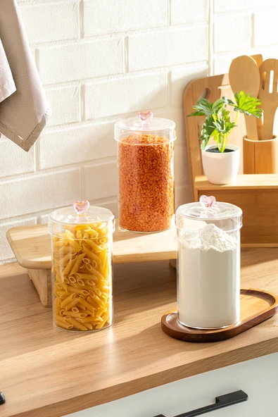 Porsima Hearts 3lü 1150 ml Borosilikat Cam Kavanoz Seti Saklama Kabı Takımı 10x18cm ürün görseli 1