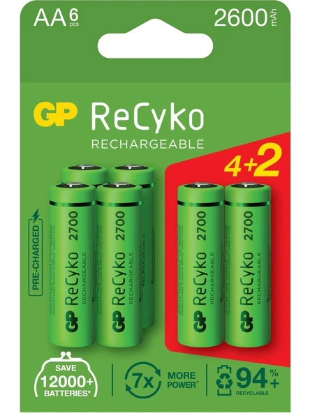 GP Recyko 2700 Seri 2600 mAh Şarjlı AA Kalem Pil 4+2 ürün görseli 1