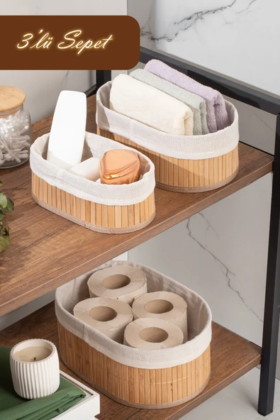 Porsima 2082 Oval 3lü Pinterest Sepet Bambu Sepet seti Dekoratif Banyo Mutfak Düzenleyici Organizeri ürün görseli 1