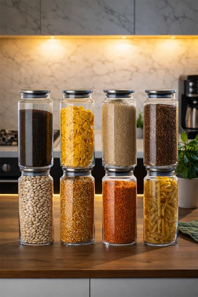 Porsima 4401 Bormio Metal Kapaklı 8li Cam Kavanoz Seti Vakum Kapaklı Saklama Düzenleme Kabı Seti 1400ml ürün görseli 1