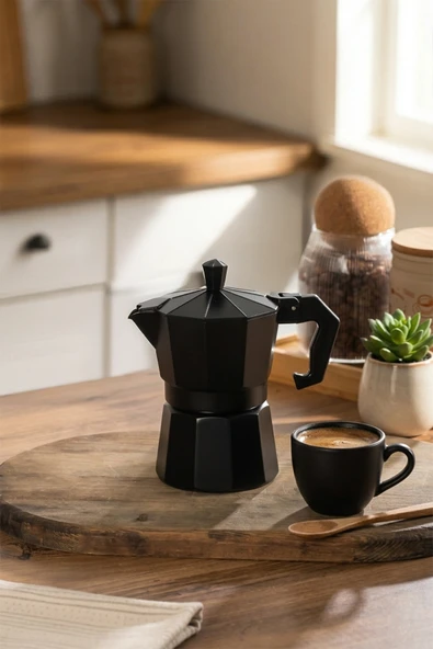 Porsima MNB05742 Ocaküstü Moka Pot 3 Fincanlık Alüminyum Kahve Espresso Cezvesi Siyah 150ml ürün görseli 1