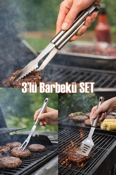 Porsima KJ-1007 3 Parça Paslanmaz Çelik Maşa-Spatula-Çatal Barbekü Seti ürün görseli 1