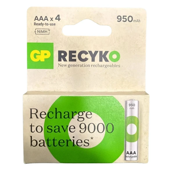 GP ReCyko 950 mAh AAA Şarj Edilebilir İnce Kalem Pil 4'lü Paket ürün görseli 1