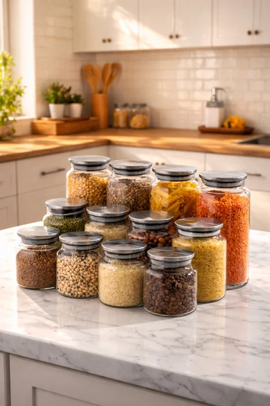 Porsima Bormio Metal Kapaklı 12 Cam Kavanoz Seti Vakum Kapaklı Saklama Düzenleme Kabı Seti 650-900-1400ml ürün görseli 1