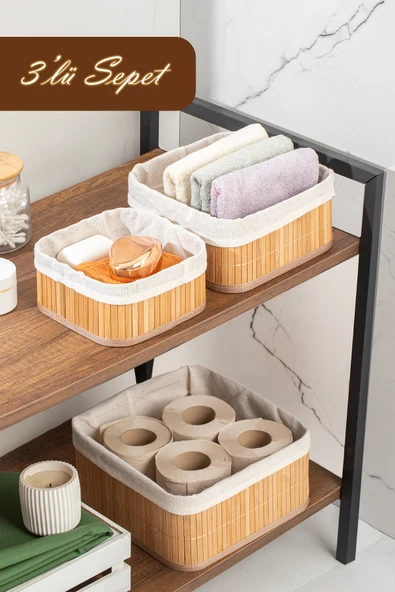 Porsima 2083 Kare 3lü Pinterest Sepet Bambu Sepet seti Dekoratif Banyo Mutfak Düzenleyici Organizeri ürün görseli 1