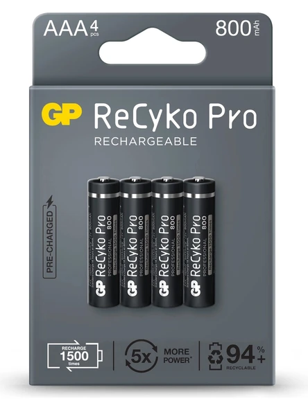 GP Recyko 850 Serisi Pro Siyah AAA Şarjlı Pil 4'lü ürün görseli 1