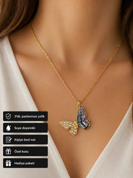 Butterfly Kadın Kolye Paslanmaz Çelik Renkli Kanat Taşlı Hediye ürün görseli 1