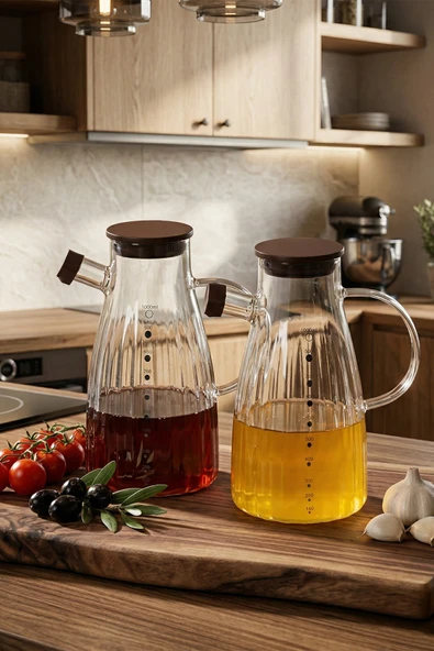 Porsima LM-0053 Alvera Kapaklı Borosilikat Cam 2li Yağlık Sirkelik Yağdanlık Seti 1000ml ürün görseli 1