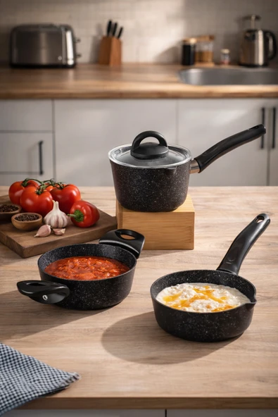 Porsima 4398 4 Parça Kaçerola Sosluk Sütlük Mini Baby Granit Tencere Sahan Seti Siyah 14cm ürün görseli 1