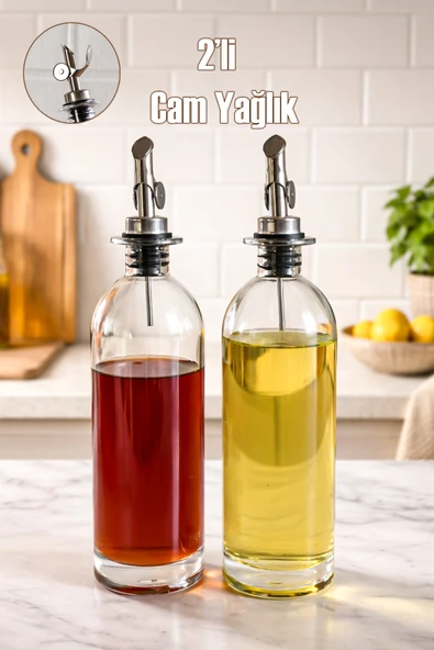Porsima 3890-1 Gümüş Sızdırmaz Kapaklı Cam 2li Yağlık Sirkelik Yağdanlık Seti 500+500 ml ürün görseli 1