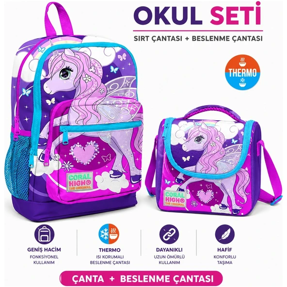 Mor Pembe Ünicornlu Ilkokul Çantası 23708+ Mor Pembe Thermo Beslenme Çantası 11708 ürün görseli 1