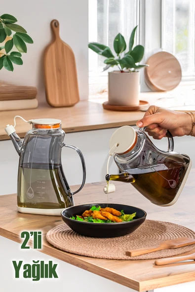 Porsima 3855-2 Şeffaf Borosilikat Cam Zeytinyağ Şişesi - 2li Yağlık ve Sirkelik Seti Beyaz 1lt ürün görseli 1