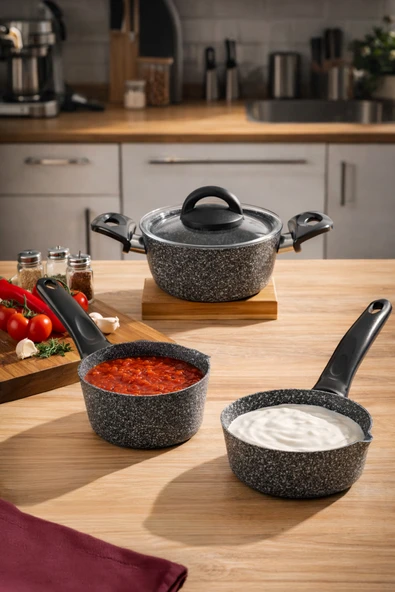 Porsima 4399 4 Parça Kaçerola Sosluk Sütlük Mini Baby Granit Tencere Sahan Seti Gri 14cm ürün görseli 1