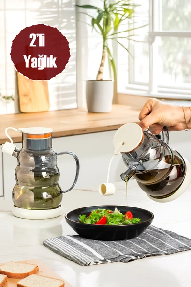 Porsima 3617- 2 Kapaklı Borosilikat Cam 2li Yağlık Sirkelik Seti Yağdanlık Takımı 1000ml Beyaz ürün görseli 1