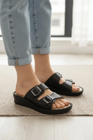 Enoch Kadın Çift Toka Detaylı ve Ergonomik Tabanlı Siyah Comfort Terlik ürün görseli 1