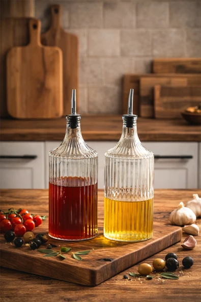 Porsima Viking 18113 2li 1000 ml Cam Şişe Yağlık Sirkelik Çift Kapaklı Gümüş ürün görseli 1