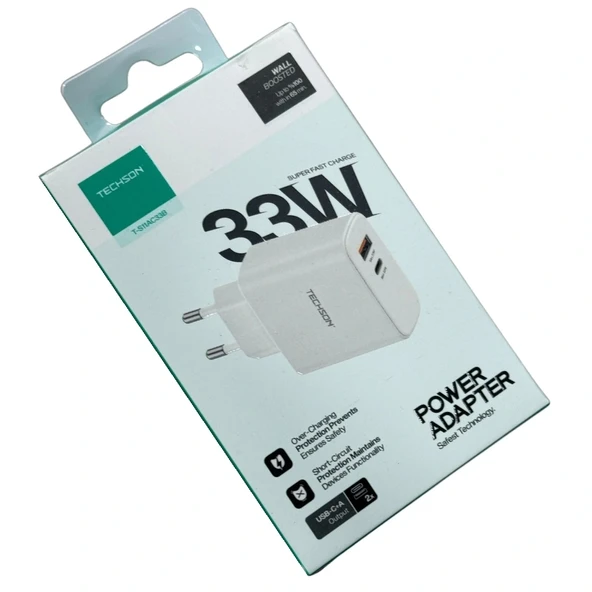 TECHSON 33W Type-C + USB Hızlı Şarj Adaptörü Şarj Başlığı Beyaz S11AC33B