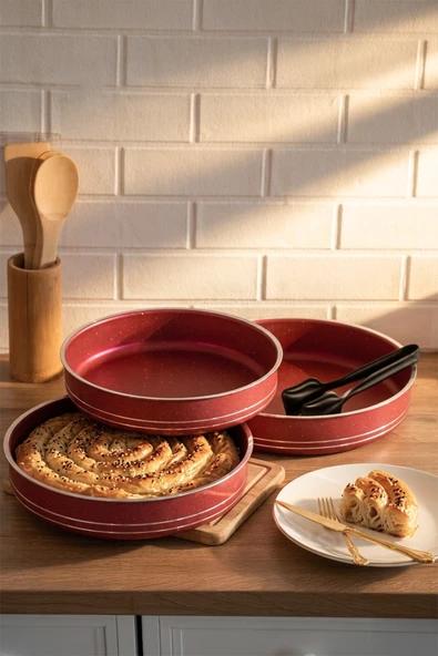 Porsima Montella 3lü Tepsi Seti Fırın Tepsisi 26-28-30cm Kızıl ürün görseli 1