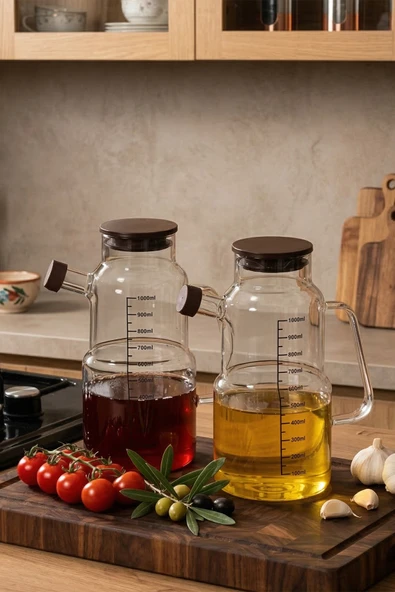 Porsima LM-0107 Evora Kapaklı Borosilikat Cam 2li Yağlık Sirkelik Yağdanlık Seti 1000ml ürün görseli 1